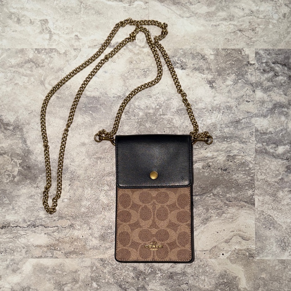 Coach Brown Signature Canvas Crossbody with Black Leather Flap